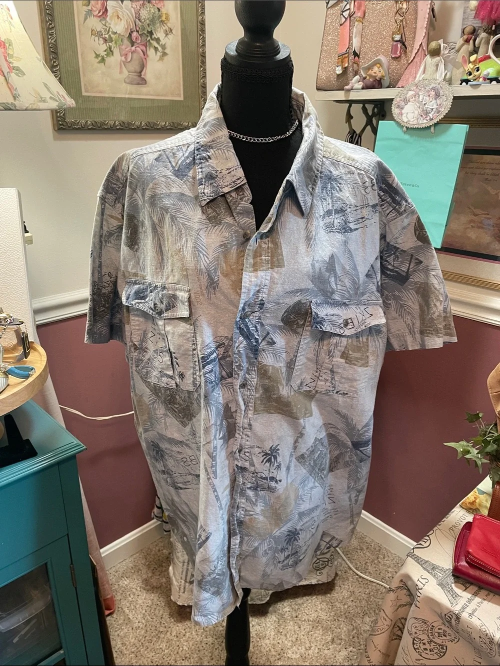 Route 66 Men’s Casual Button-Down Shirt in Light Blue and Navy Print